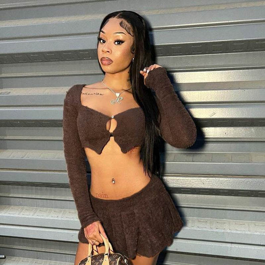 Square Collar Buckle Cropped Top Pleated Skirt Set - REBECATHELABEL