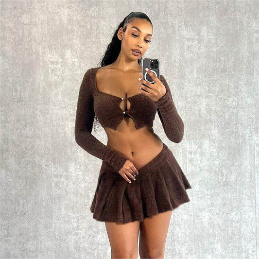 Square Collar Buckle Cropped Top Pleated Skirt Set - REBECATHELABEL