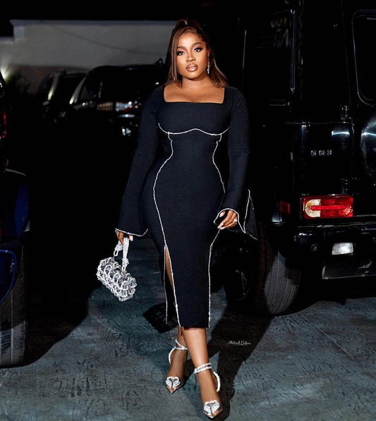 Square Neck Diamond Tight Midi Bandage Dress - REBECATHELABEL