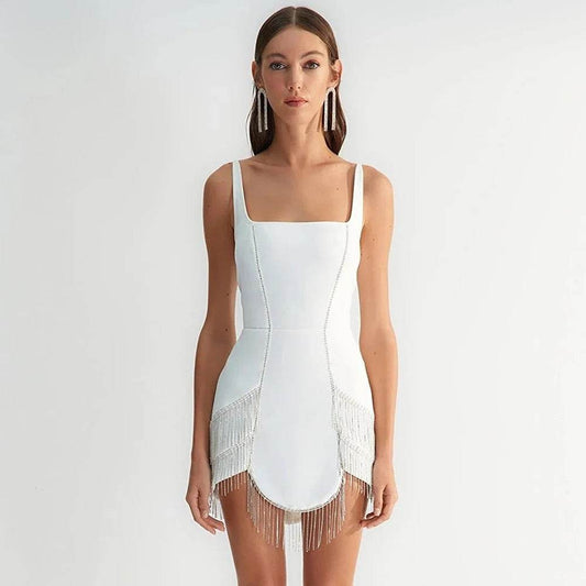 Square Neck Sleeveless Tassel Tight Mini Tight Bandage Dress - REBECATHELABEL