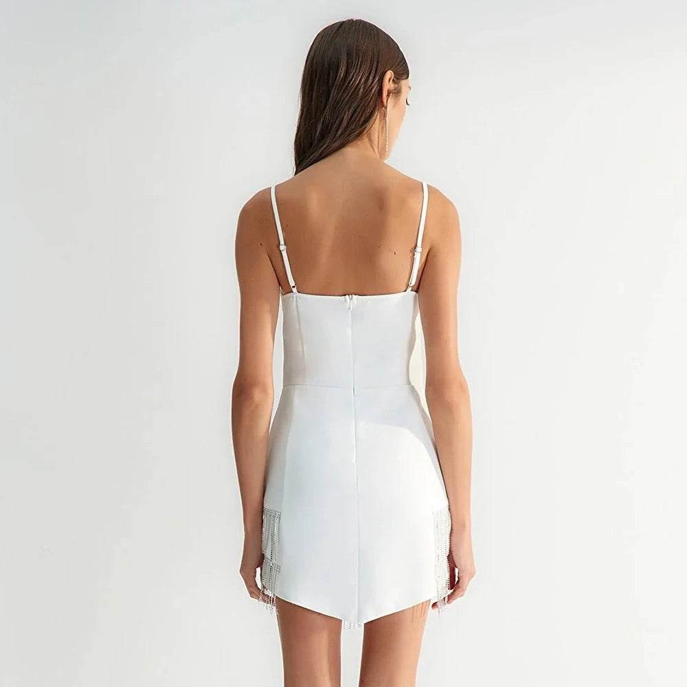 Square Neck Sleeveless Tassel Tight Mini Tight Bandage Dress - REBECATHELABEL