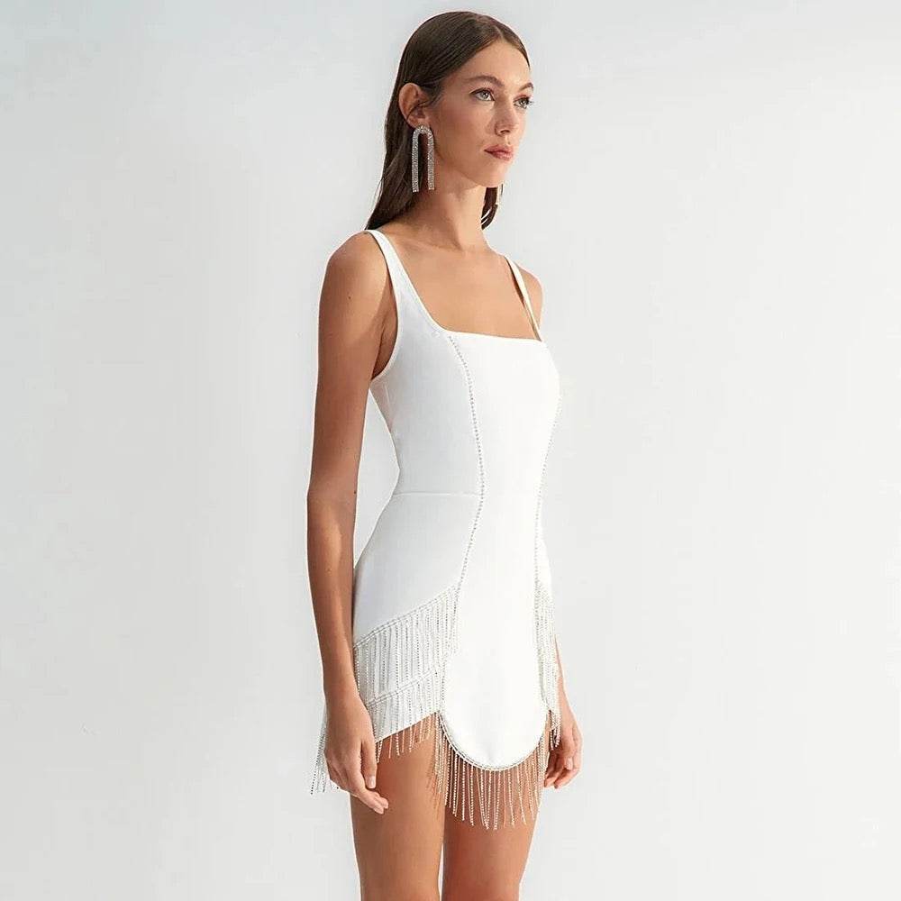 Square Neck Sleeveless Tassel Tight Mini Tight Bandage Dress - REBECATHELABEL