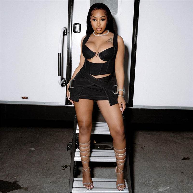 Stitching Vest Top High Waist Hip Slim Fit Skirt Set - REBECATHELABEL