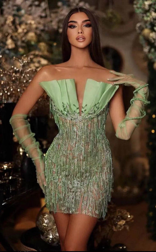 Strapless Beaded Elegant Beaded Lace Knee-length dress - REBECATHELABEL