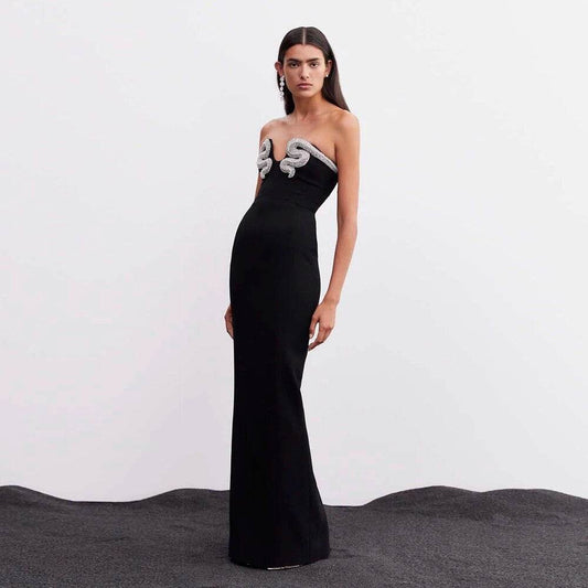 Strapless Diamond Crystal Snake Tight Long Bandage Dress - REBECATHELABEL