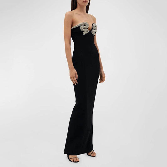 Strapless Diamond Crystal Snake Tight Long Bandage Dress - REBECATHELABEL