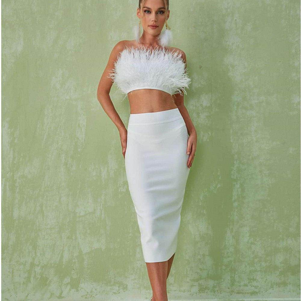 Strapless Feather Top Bandage Skirt Bandage Suit - REBECATHELABEL