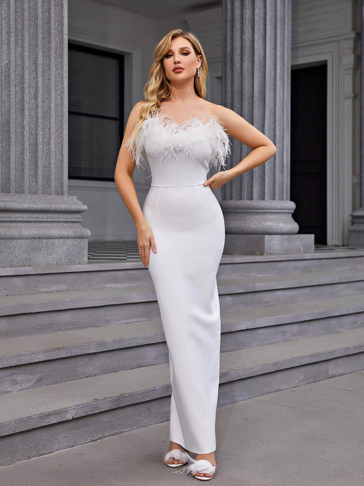 Strapless Feather Trimmed Bandage Dress - REBECATHELABEL