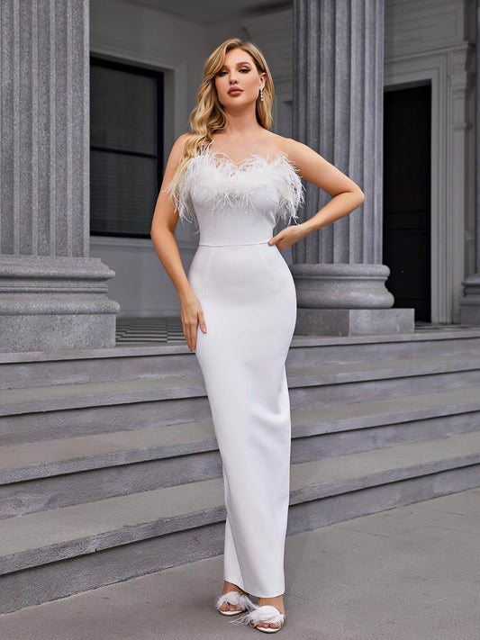 Strapless Feather Trimmed Bandage Dress - REBECATHELABEL
