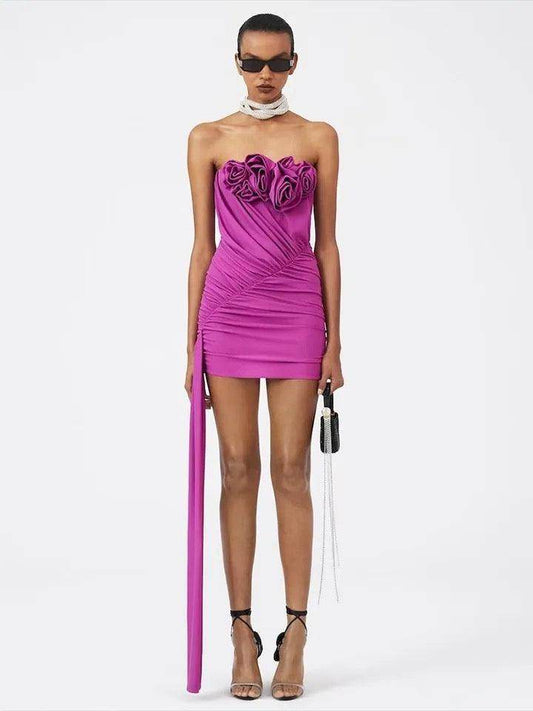 Strapless Flower Tight Mini dress - REBECATHELABEL