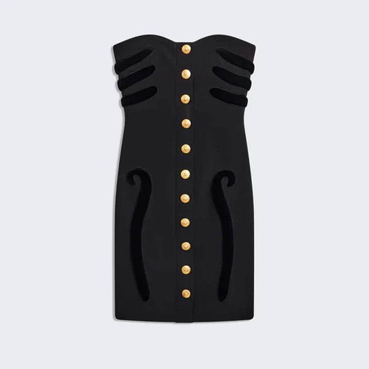 Strapless Gold Button Tight Mini Bandage Dress - REBECATHELABEL