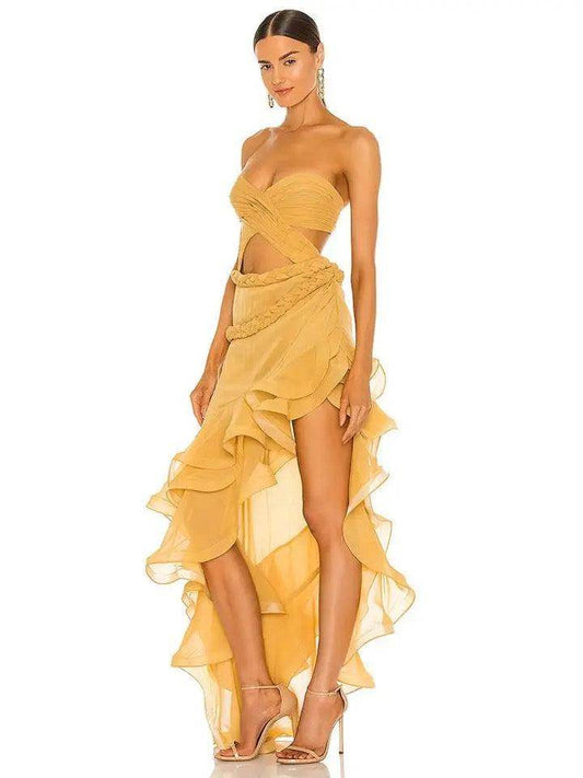 Strapless Hollow Leaf Edge High Split Long Dress - REBECATHELABEL
