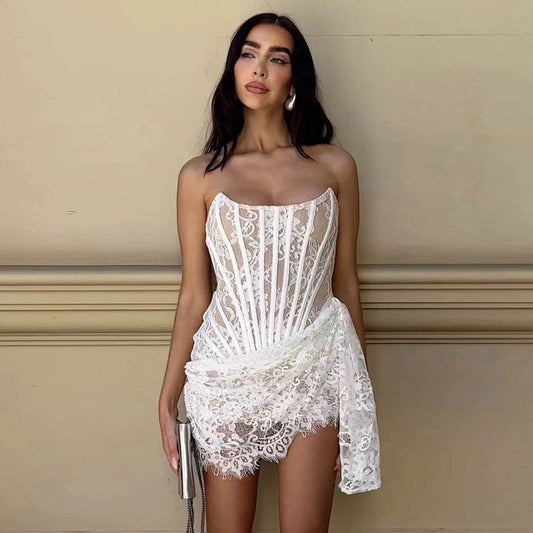 Strapless Lace Corset Dropped Mini Dress - REBECATHELABEL