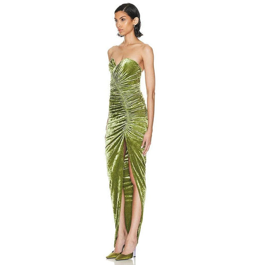 Strapless Open Back Velvet Drop pleated Tight Split Long Dress - REBECATHELABEL