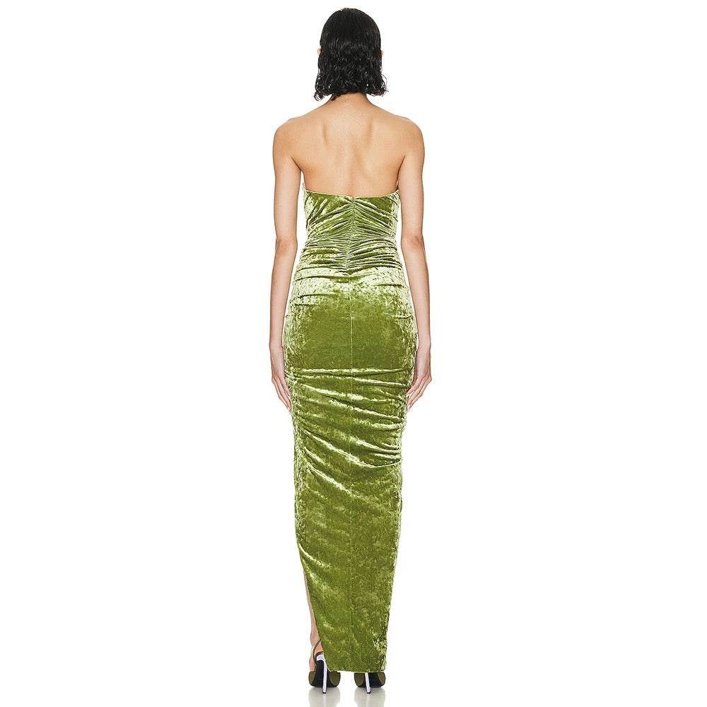 Strapless Open Back Velvet Drop pleated Tight Split Long Dress - REBECATHELABEL