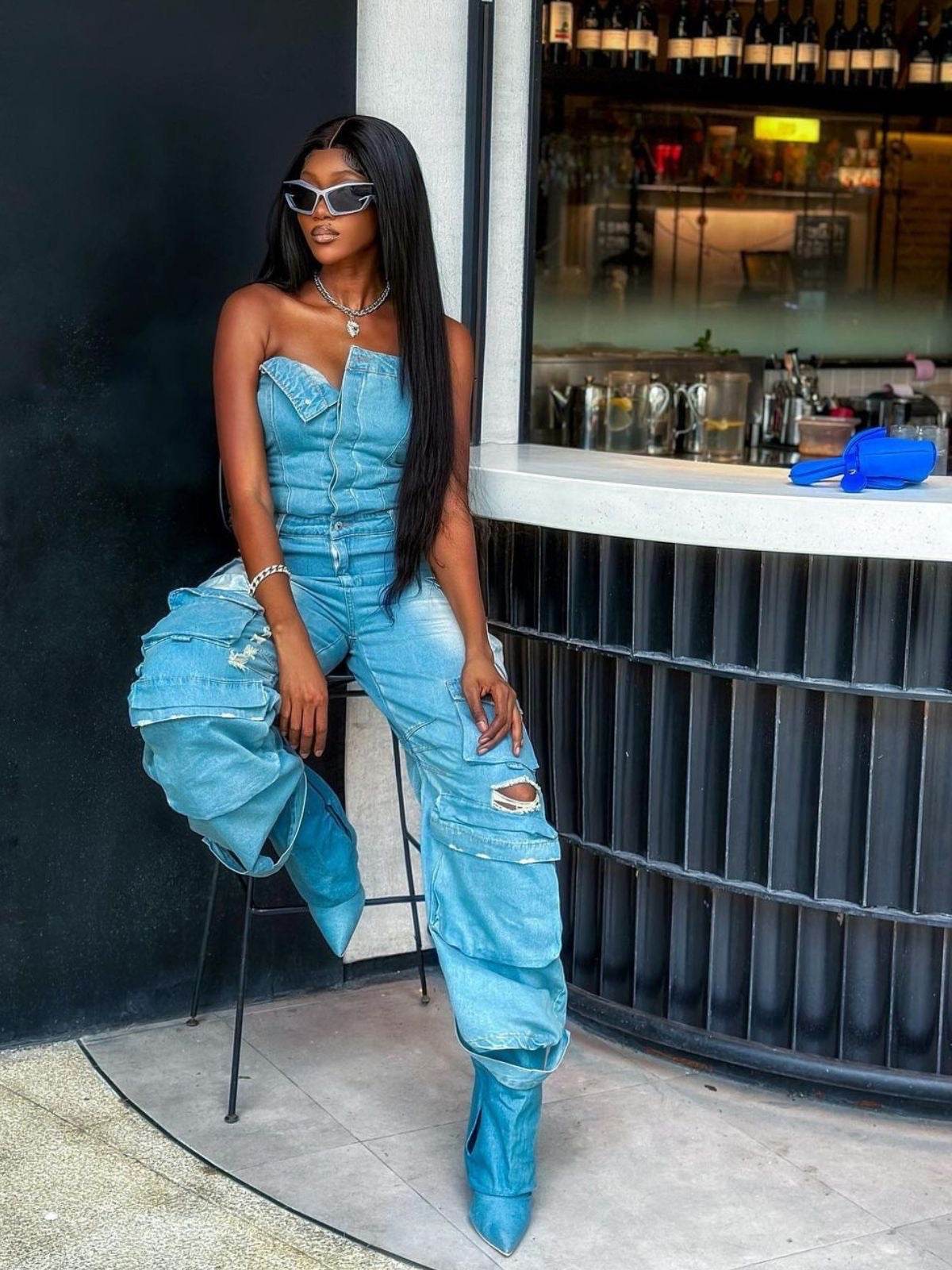 Strapless Pockect Denim Jumpsuit In Blue - REBECATHELABEL