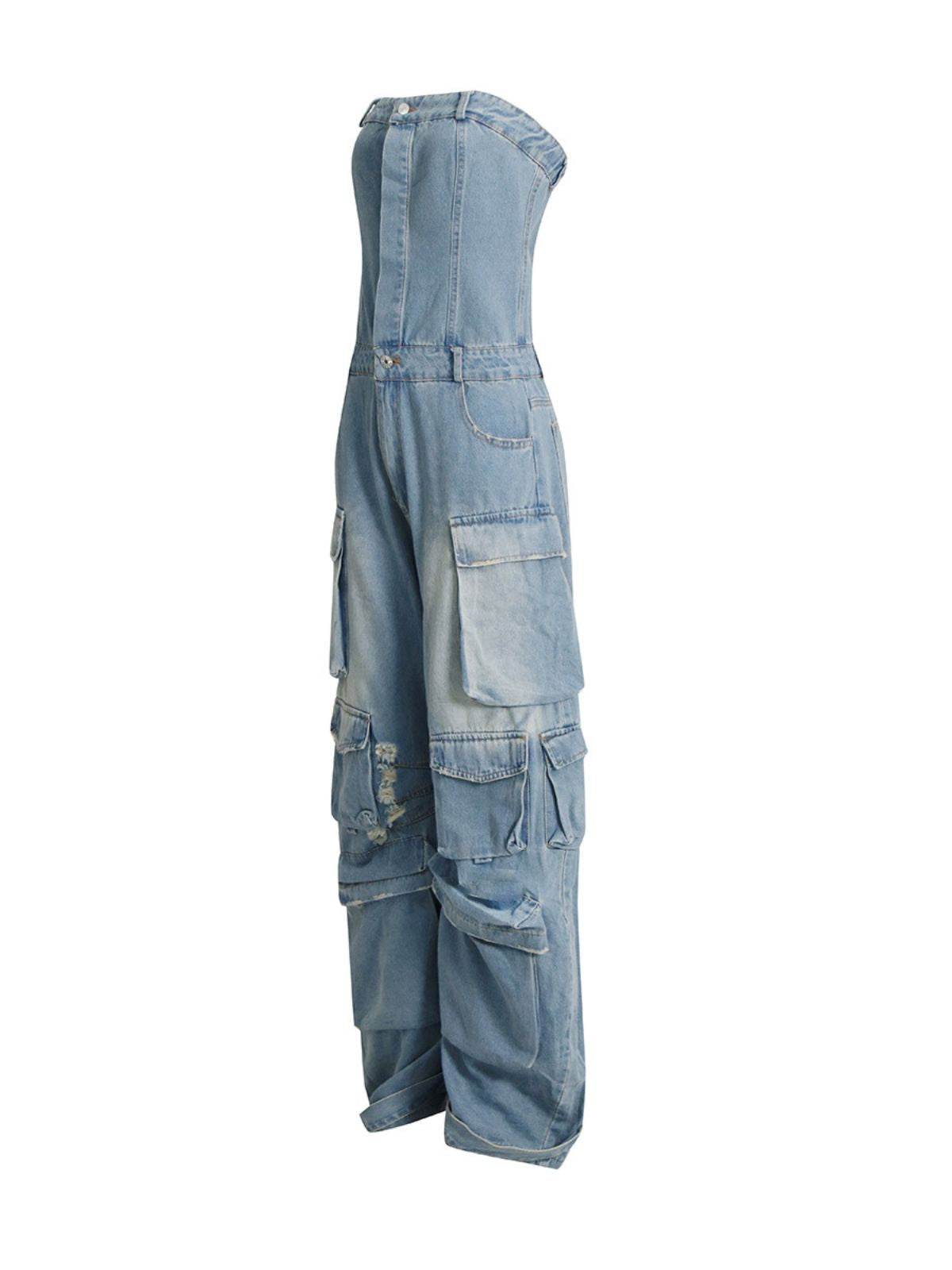 Strapless Pockect Denim Jumpsuit In Blue - REBECATHELABEL