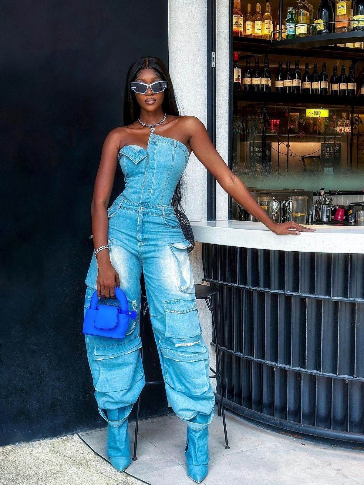 Strapless Pockect Denim Jumpsuit In Blue - REBECATHELABEL