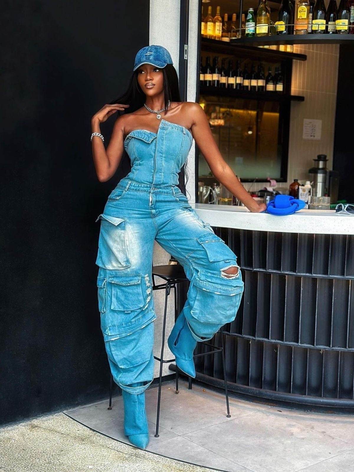 Strapless Pockect Denim Jumpsuit In Blue - REBECATHELABEL