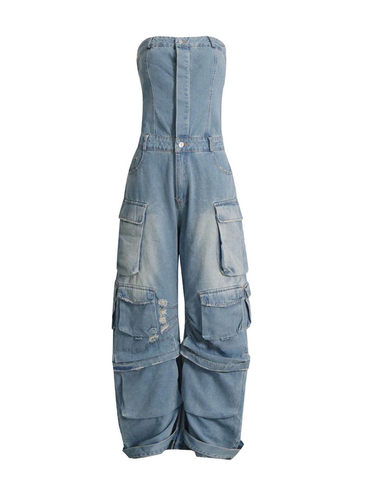 Strapless Pockect Denim Jumpsuit In Blue - REBECATHELABEL