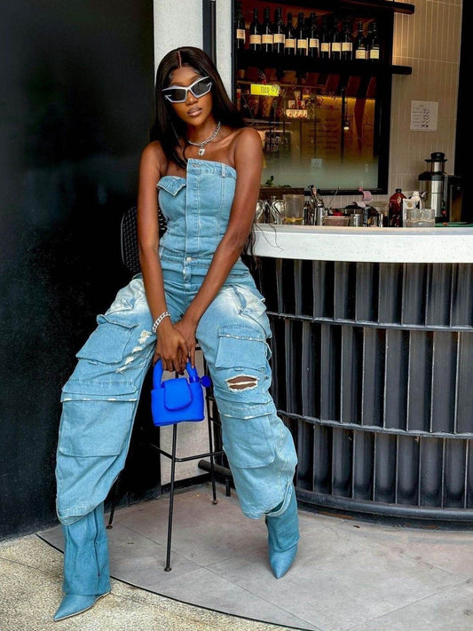 Strapless Pockect Denim Jumpsuit In Blue - REBECATHELABEL