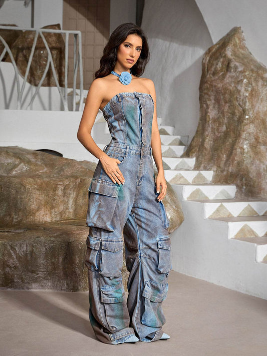 Strapless Pockect Denim Jumpsuit In Green - REBECATHELABEL
