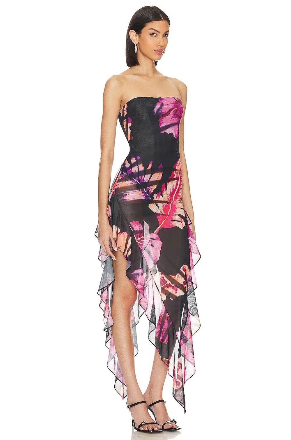 Strapless Printed Asymmetric Ruffle Dress - REBECATHELABEL