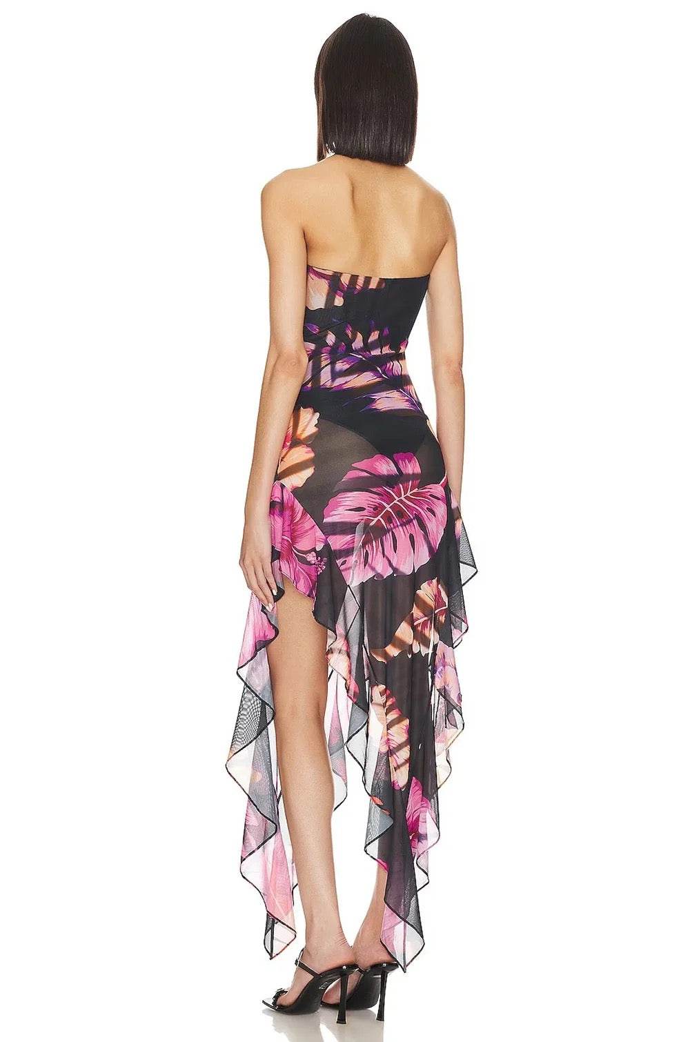 Strapless Printed Asymmetric Ruffle Dress - REBECATHELABEL