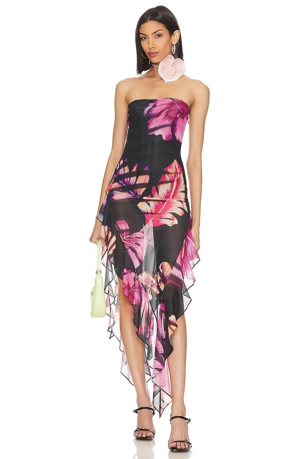 Strapless Printed Asymmetric Ruffle Dress - REBECATHELABEL