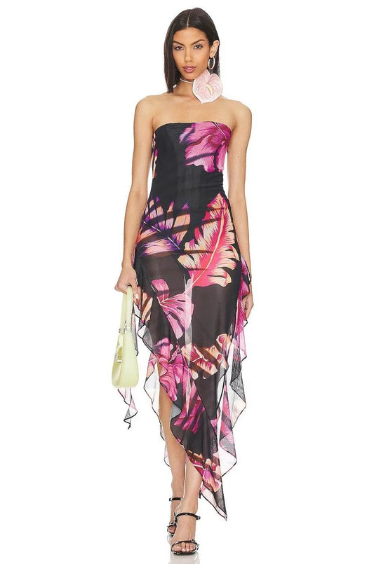 Strapless Printed Asymmetric Ruffle Dress - REBECATHELABEL