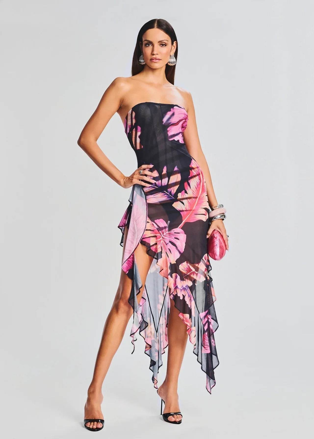 Strapless Printed Asymmetric Ruffle Dress - REBECATHELABEL