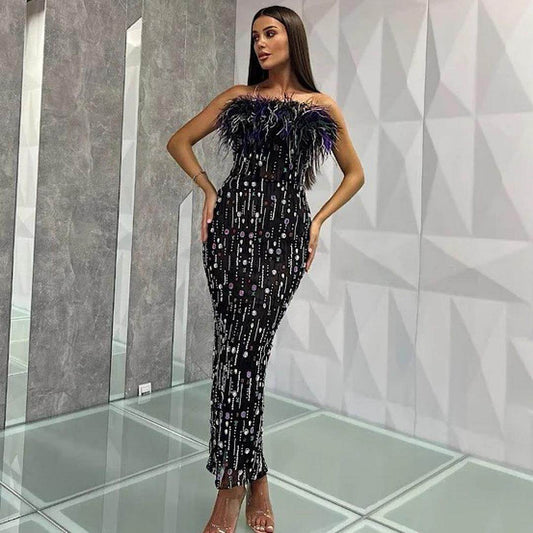 Strapless Sequin Feather Maxi Dress - REBECATHELABEL