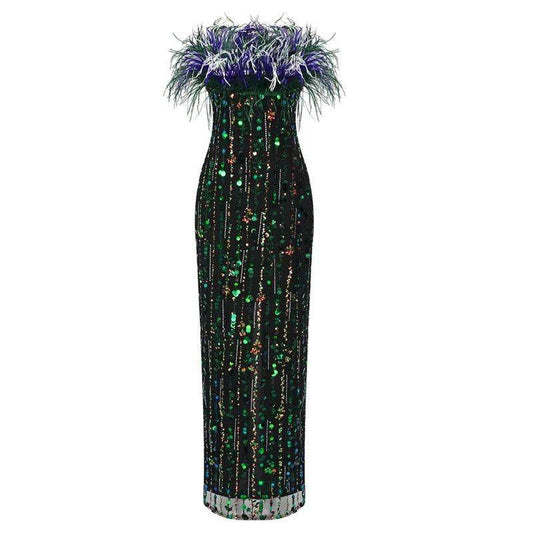 Strapless Sequin Feather Maxi Dress - REBECATHELABEL