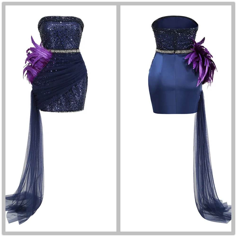 Strapless Sequins Feather Diamond Mini Dress - REBECATHELABEL