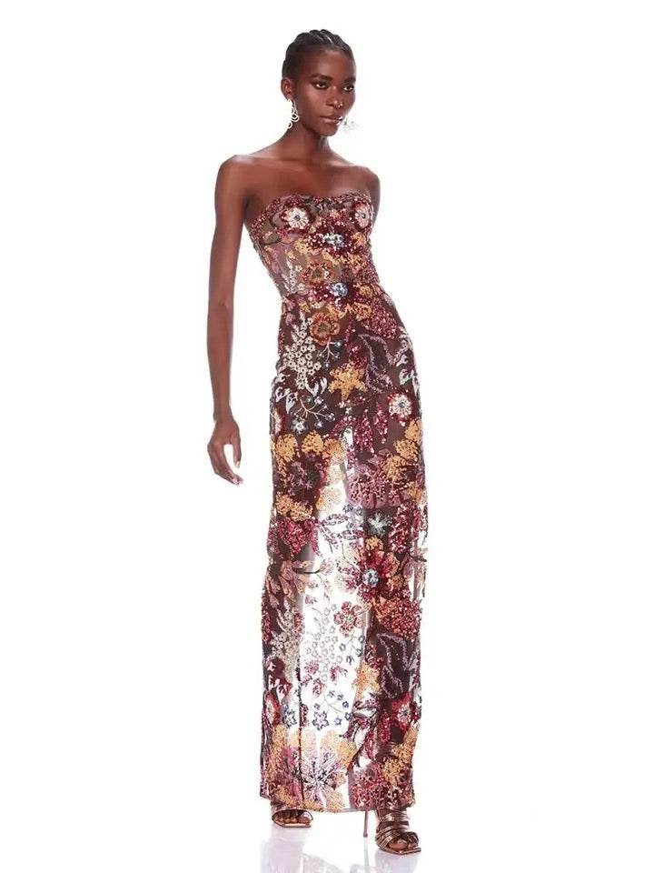 Strapless Sequins Flower Sexy Backless Long Dress - REBECATHELABEL
