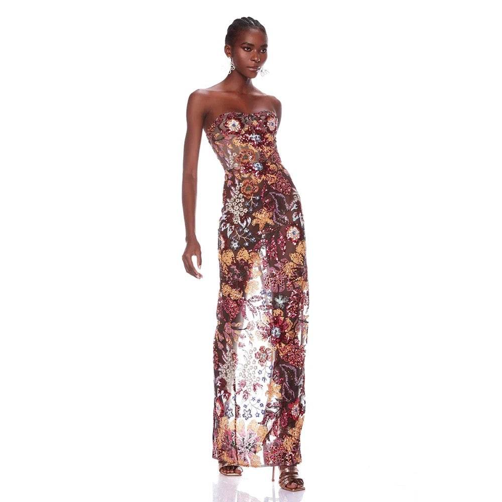 Strapless Sequins Flower Sexy Backless Long Dress - REBECATHELABEL