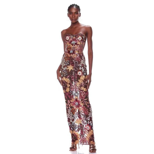Strapless Sequins Flower Sexy Backless Long Dress - REBECATHELABEL
