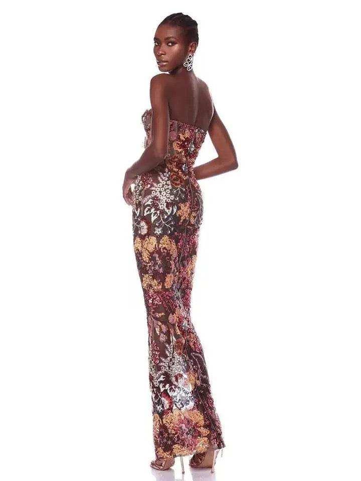 Strapless Sequins Flower Sexy Backless Long Dress - REBECATHELABEL