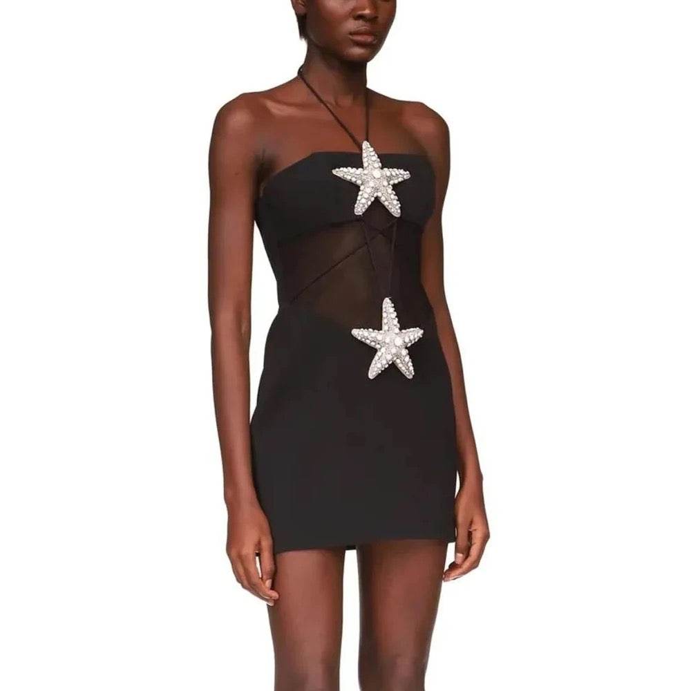 Strapless Sexy Backless Diamond Starfish Mesh Mini Tight Bandage Dress - REBECATHELABEL