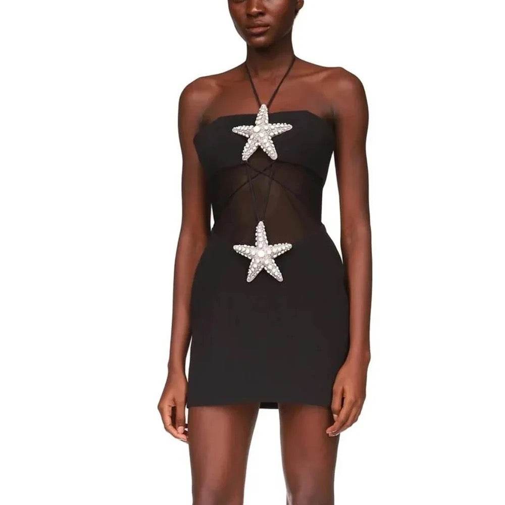 Strapless Sexy Backless Diamond Starfish Mesh Mini Tight Bandage Dress - REBECATHELABEL