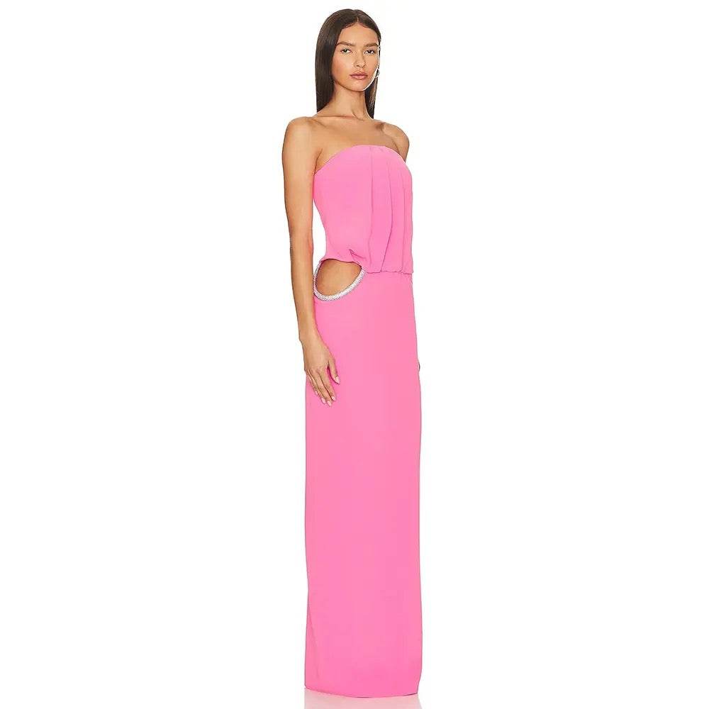 Strapless Waist Hollow Crystal Pleated Skinny Long Dress - REBECATHELABEL