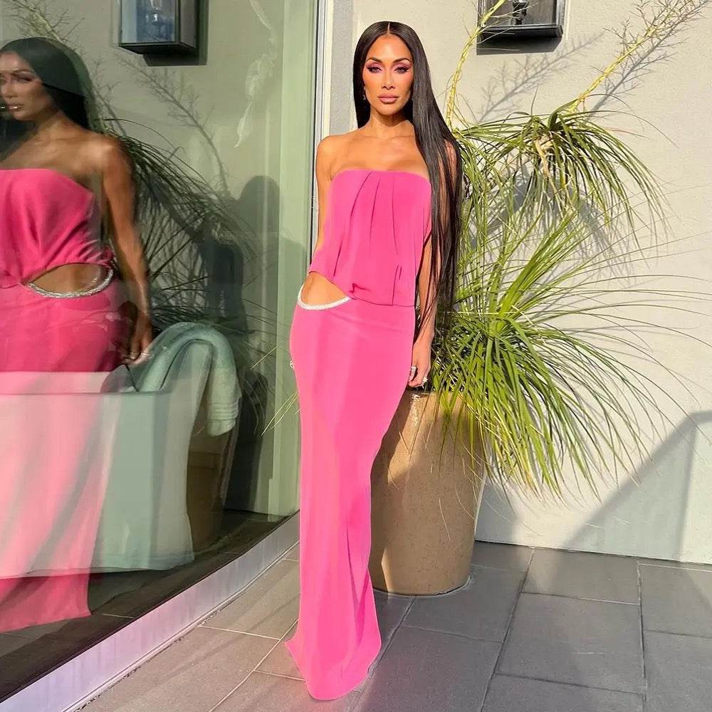 Strapless Waist Hollow Crystal Pleated Skinny Long Dress - REBECATHELABEL