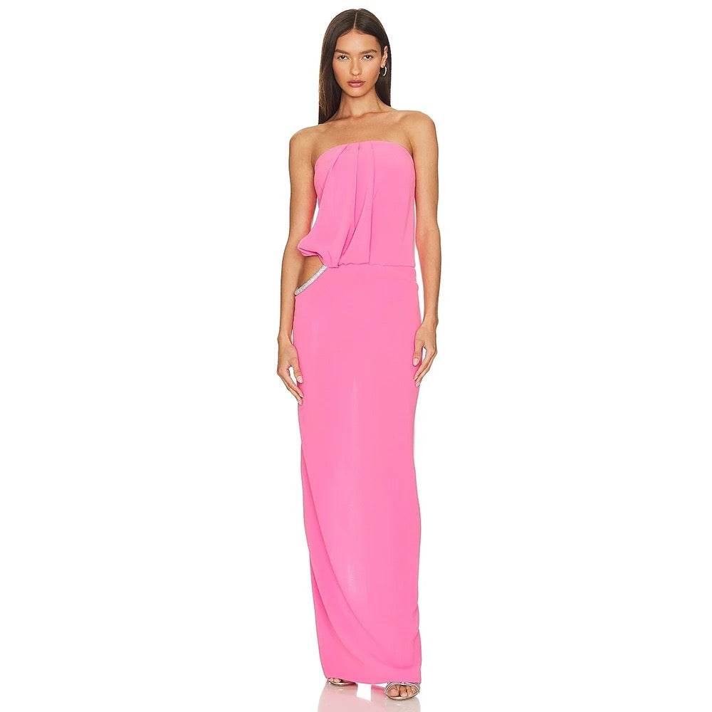 Strapless Waist Hollow Crystal Pleated Skinny Long Dress - REBECATHELABEL