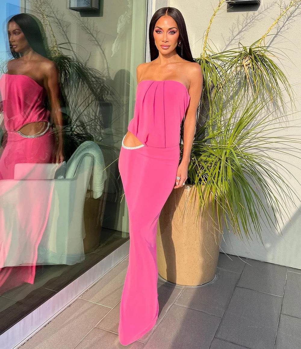 Strapless Waist Hollow Crystal Pleated Skinny Long Dress - REBECATHELABEL