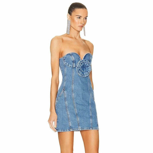 Street Style Off Back Tight Flower Strapless denim dress - REBECATHELABEL