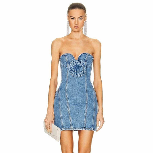 Street Style Off Back Tight Flower Strapless denim dress - REBECATHELABEL