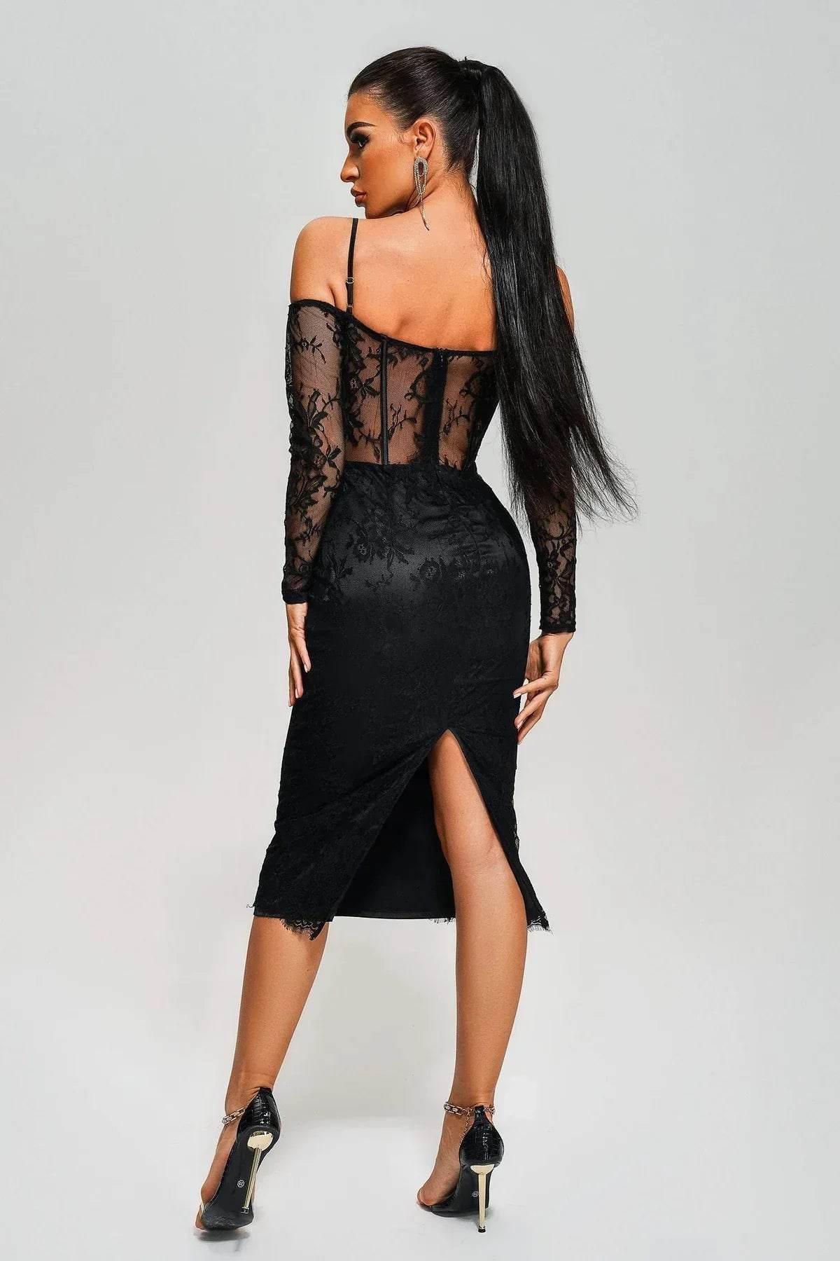Tamarah Off Shoulder Lace Midi Dress - REBECATHELABEL