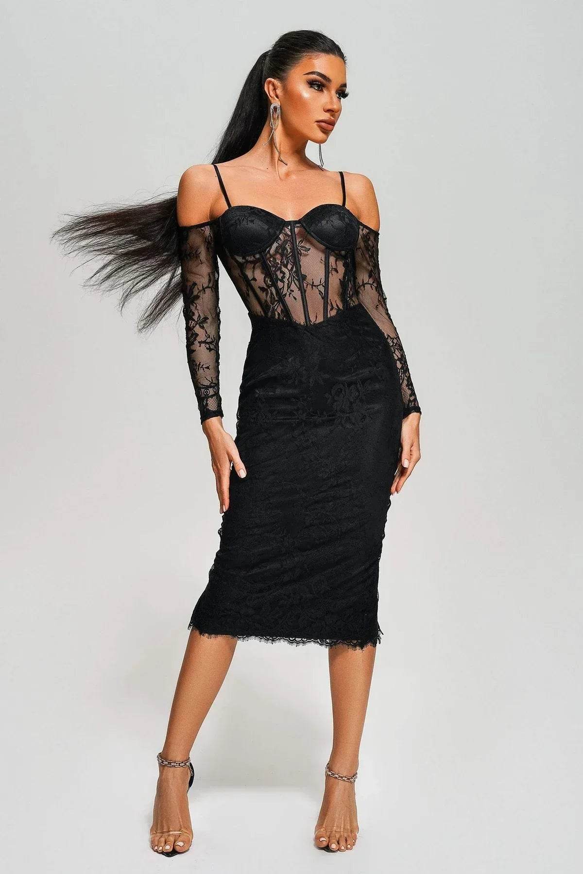 Tamarah Off Shoulder Lace Midi Dress - REBECATHELABEL