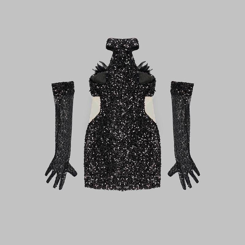 Tank Turtleneck Mesh Sequins Black Feather Mini Bodycon Dress - REBECATHELABEL