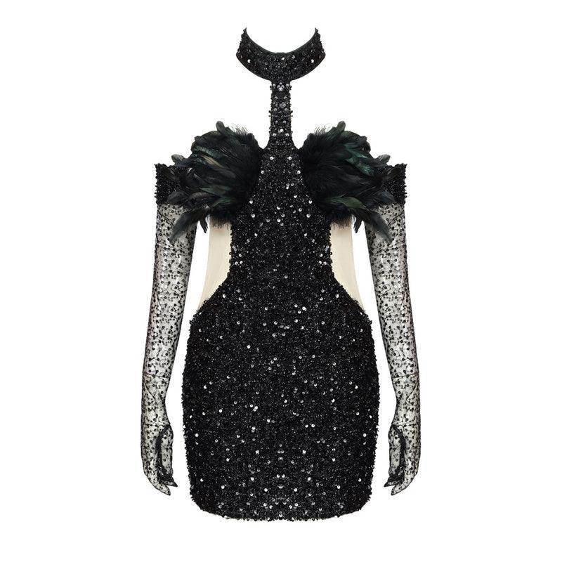 Tank Turtleneck Mesh Sequins Black Feather Mini Bodycon Dress - REBECATHELABEL